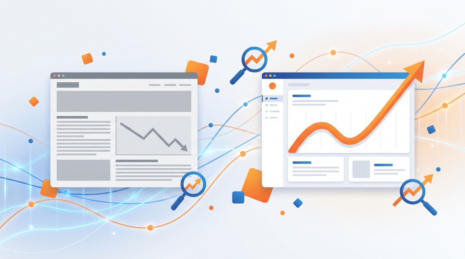 Before-and-after pages with rising conversion graphs